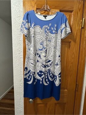 Talbots Effortless Ombré Blue and White Paisley Trim Scoop Neck Dress